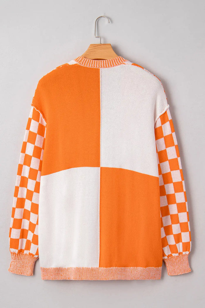 Checkered Bubble Sleeve Drop Shoulder Open Cardigan - Plus Size/Plus Size Sweaters & Cardigans
