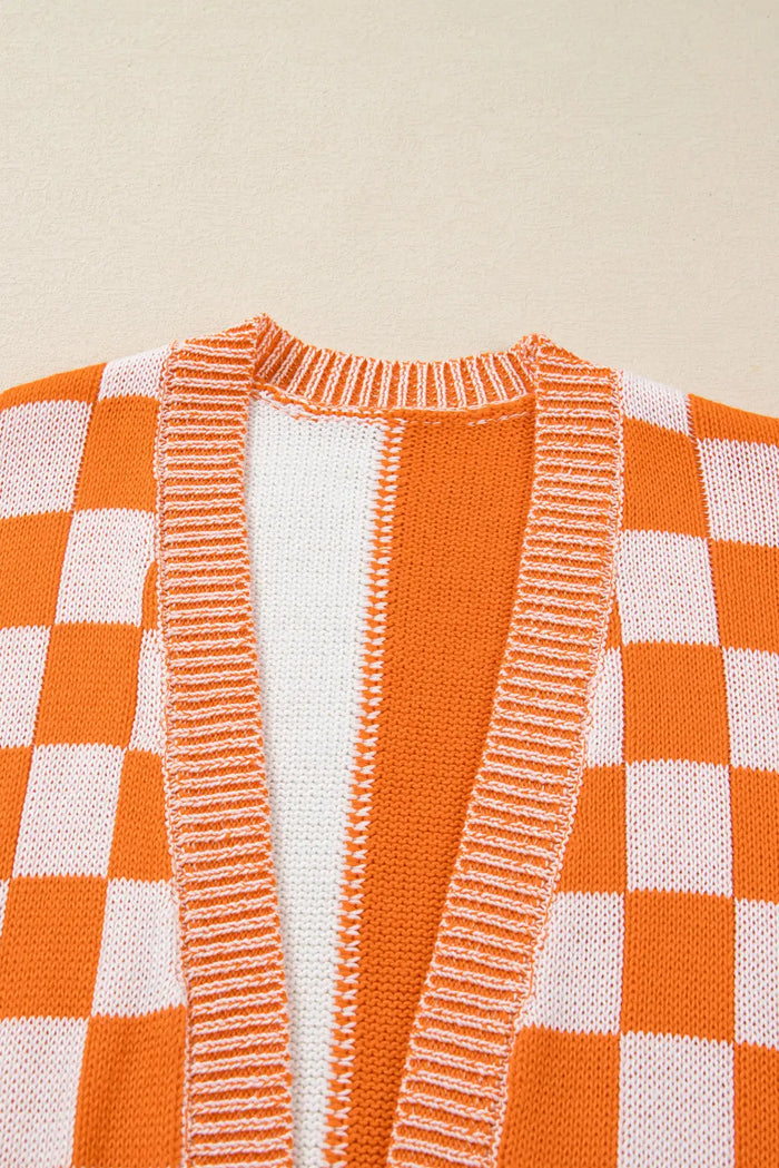Checkered Bubble Sleeve Drop Shoulder Open Cardigan - Plus Size/Plus Size Sweaters & Cardigans