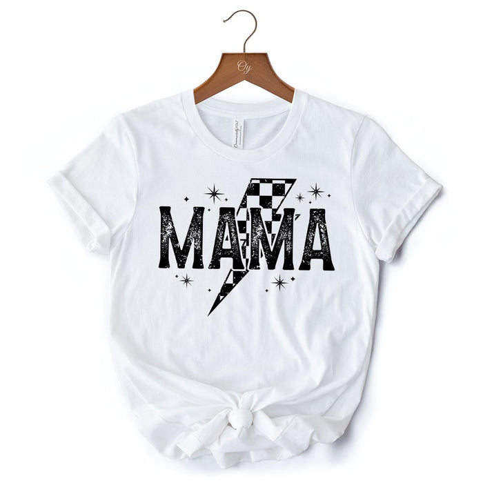 Checkered Lightning Bolt Mama Tee, Vintage Retro Black and White Tee for Energetic Moms T-Shirts OrnamentallyYou