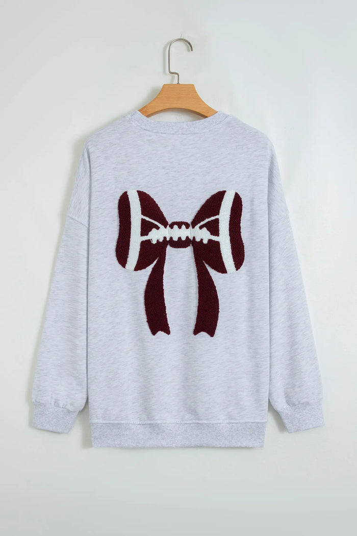 Chenille Embroidered Rugby Bow Game Day Oversized Sweatshirt – Gray