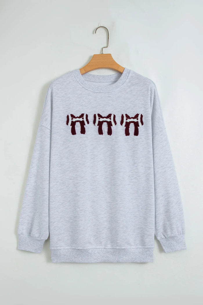 Chenille Embroidered Rugby Bow Game Day Oversized Sweatshirt – Gray