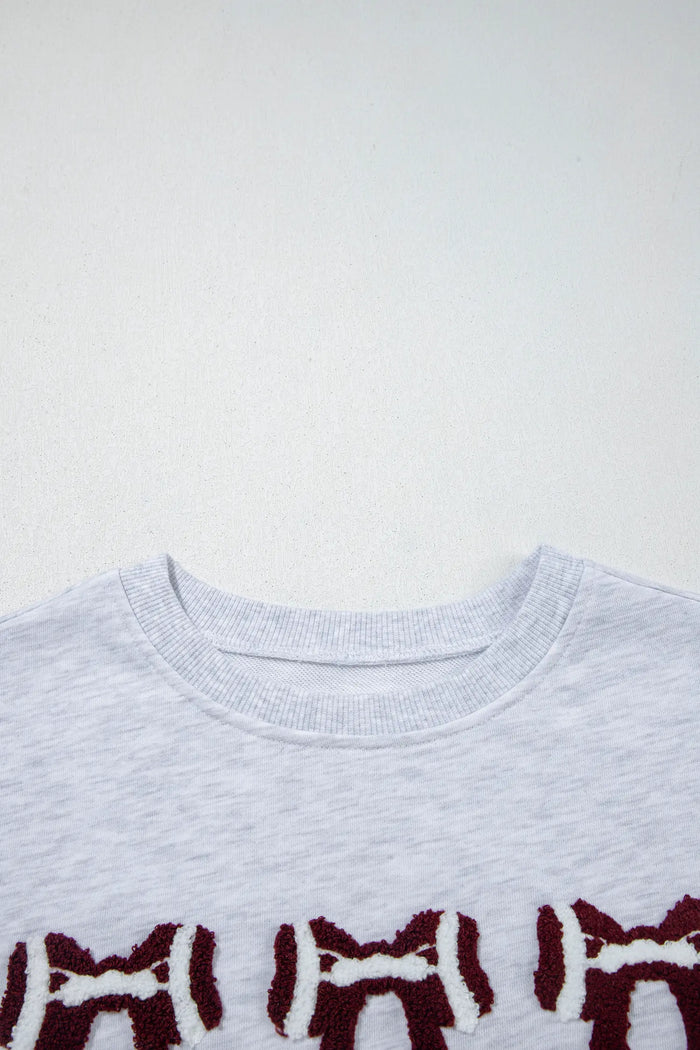 Chenille Embroidered Rugby Bow Game Day Oversized Sweatshirt – Gray