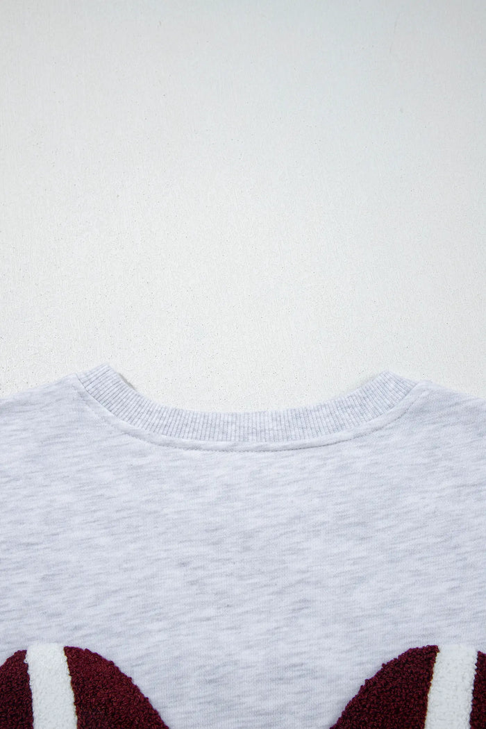 Chenille Embroidered Rugby Bow Game Day Oversized Sweatshirt – Gray