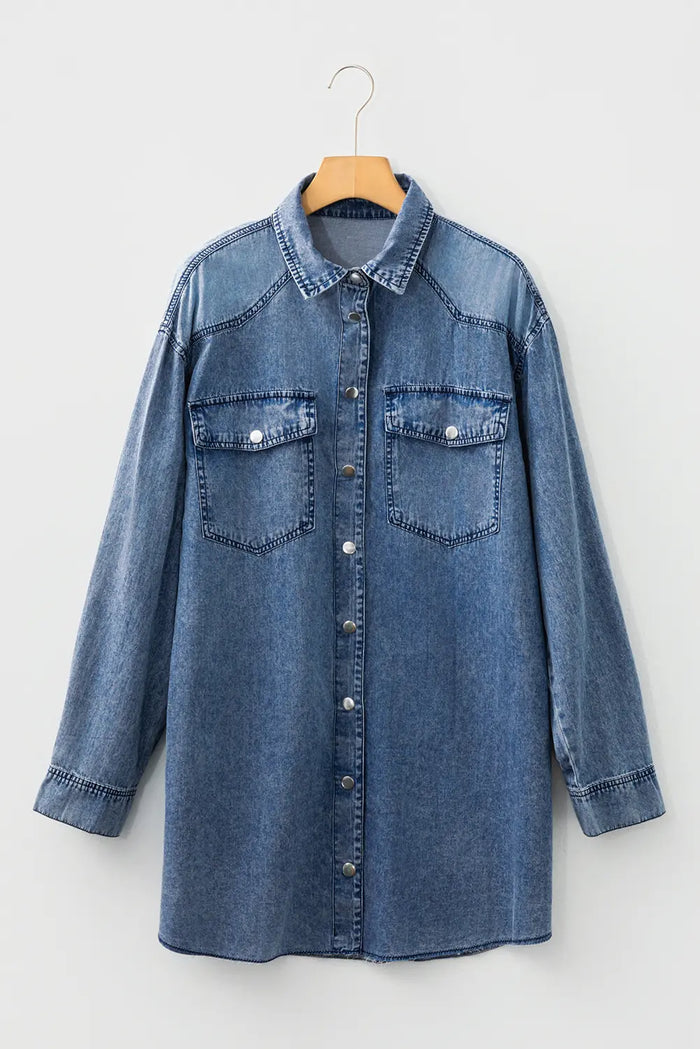 Chest Pocket Raw Hem Denim Loose Shirt Dress