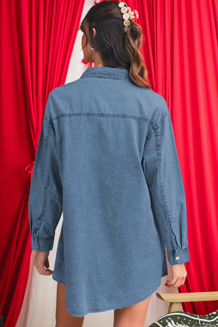 Chest Pocket Raw Hem Denim Loose Shirt Dress
