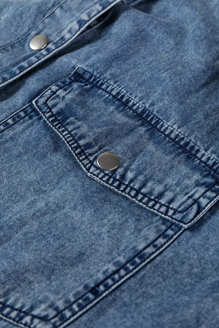 Chest Pocket Raw Hem Denim Loose Shirt Dress