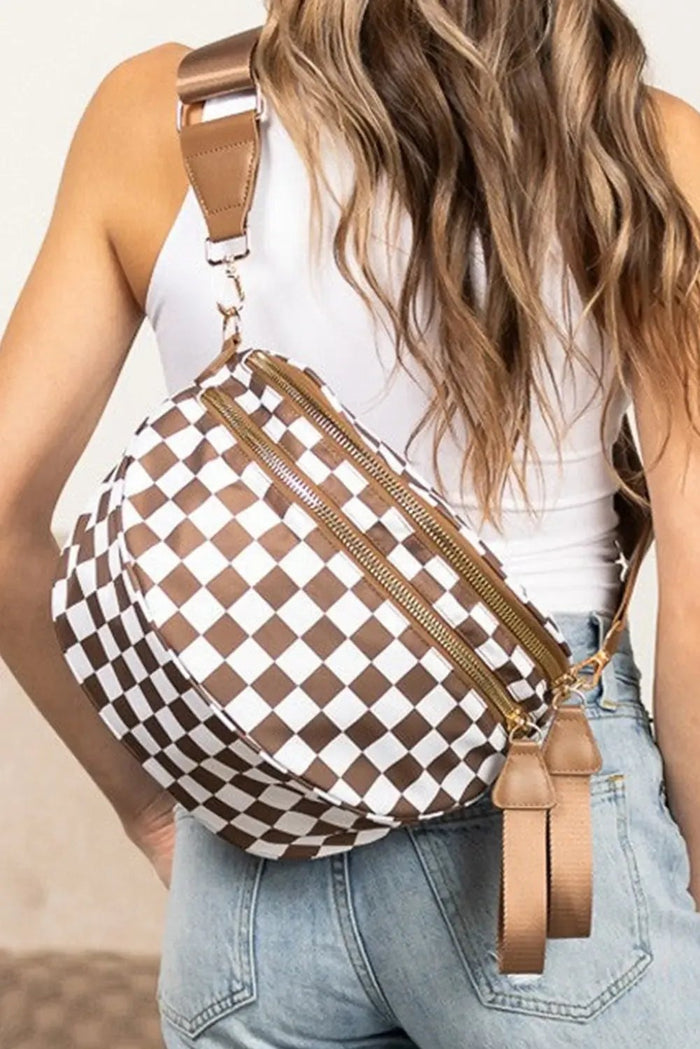 Chestnut Checkered Print Wide Strap Large Crossbody Bag - Shoes & Bags/Crossbody Bags