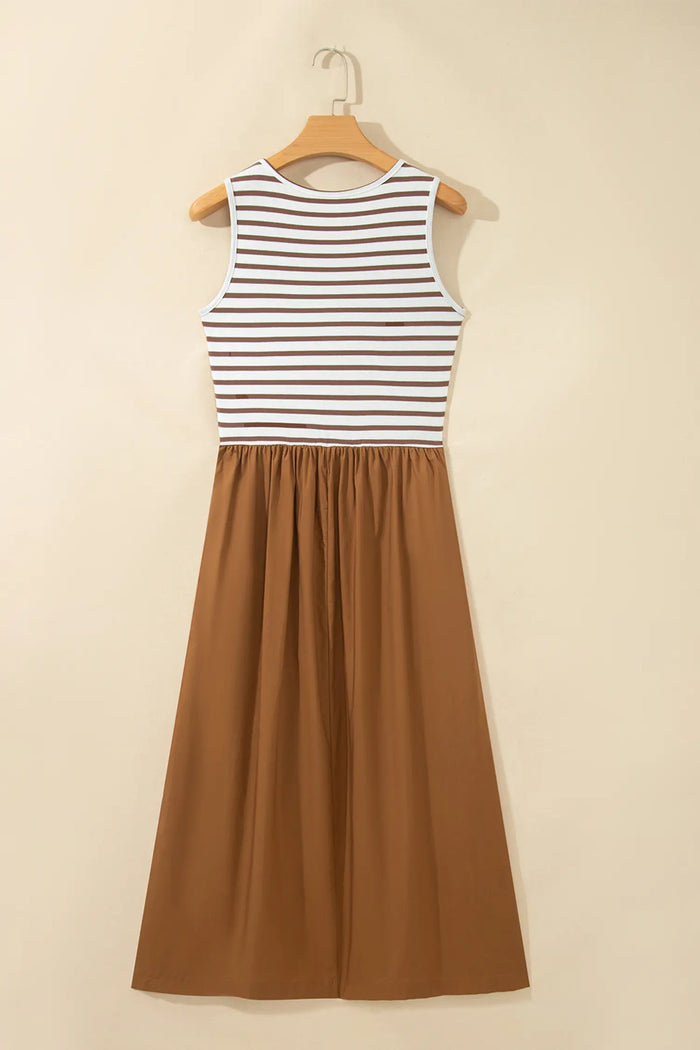 Chestnut Striped Colorblock Patchwork Sleeveless Casual Long Dress – Brown