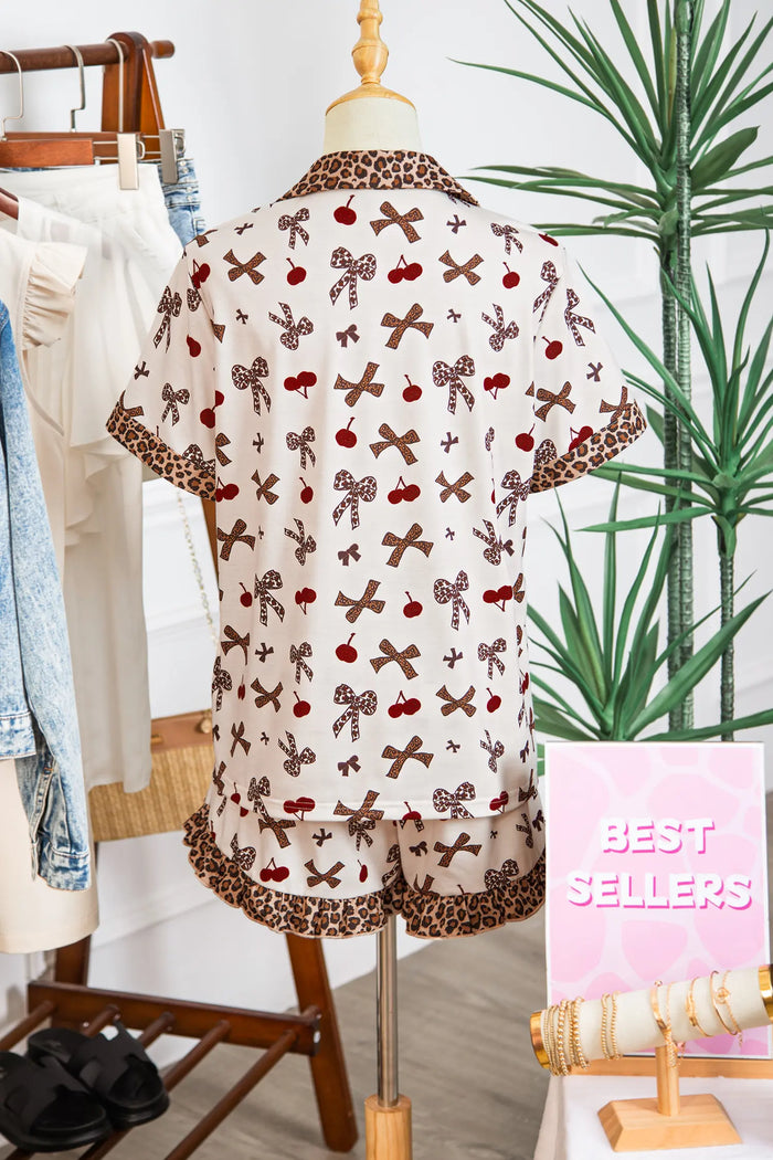 Chic Bow Cherry Print Leopard Contrast Shirt and Drawstring Pyjams