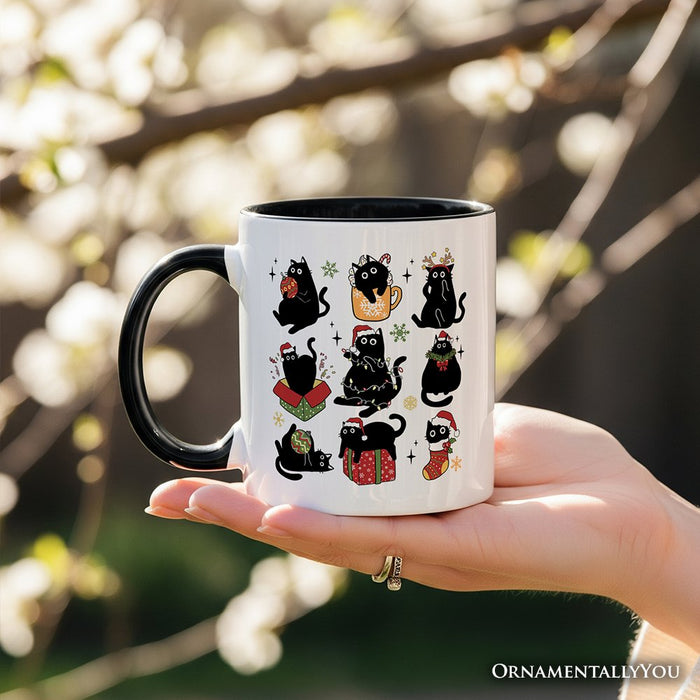 Christmas Black Cats Personalized Mug, Whimsical Cats with Santa Hat Gift with Custom Name Personalized Ceramic Mug OrnamentallyYou