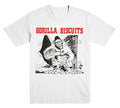 White Gorilla Biscuits Heavy Cotton T-shirt with bold red "Gorilla Biscuits" text above a black-and-white cartoon of a muscular, smiling gorilla on an urban line art background.