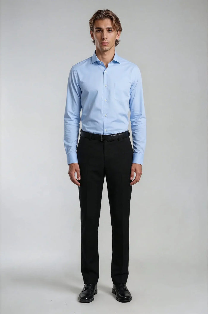 Classic Light Blue Poplin Shirt – a refined light blue shirt crafted in crisp poplin fabric, featuring a bespoke tailored fit for timeless elegance and polished everyday sophistication.