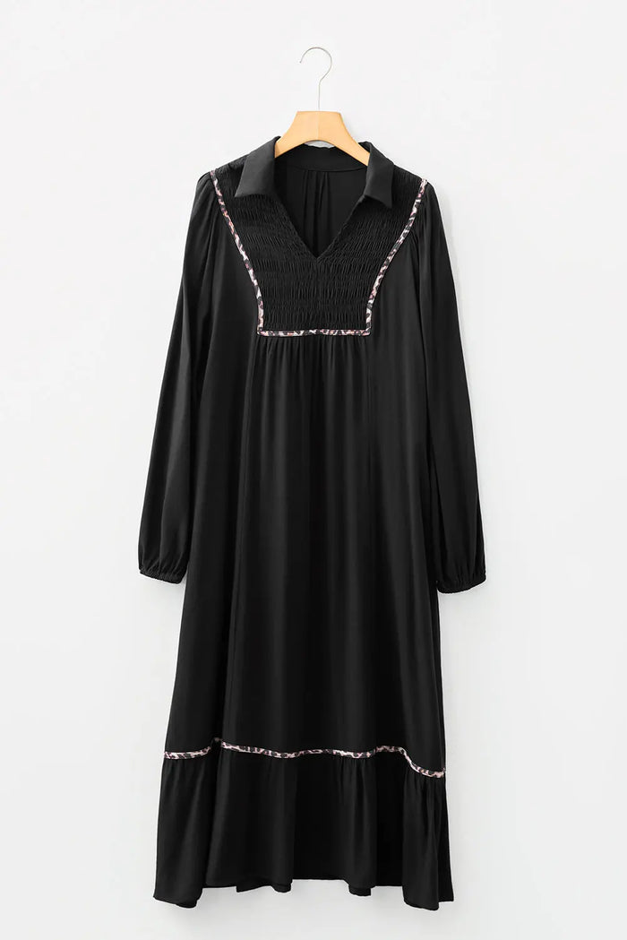 Collared V-Neck Smocked Detail Contrast Leopard Trim Bracelet Sleeve Long Dress - Dresses/Maxi Dresses