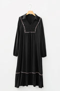Collared V-Neck Smocked Detail Contrast Leopard Trim Bracelet Sleeve Long Dress - Dresses/Maxi Dresses