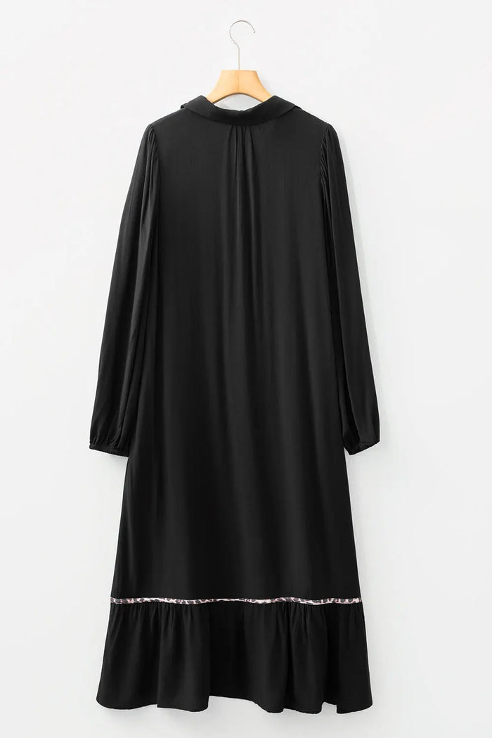 Collared V-Neck Smocked Detail Contrast Leopard Trim Bracelet Sleeve Long Dress - Dresses/Maxi Dresses