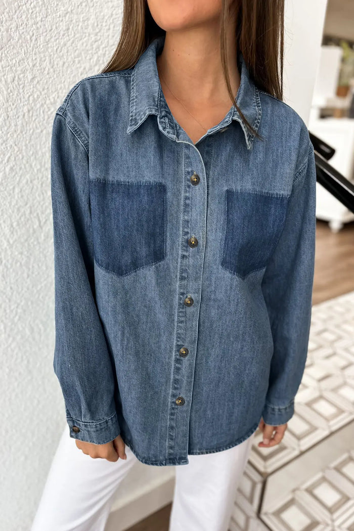 Color Block Pocket Detail Casual Button Down Denim Shirt – Sky Blue