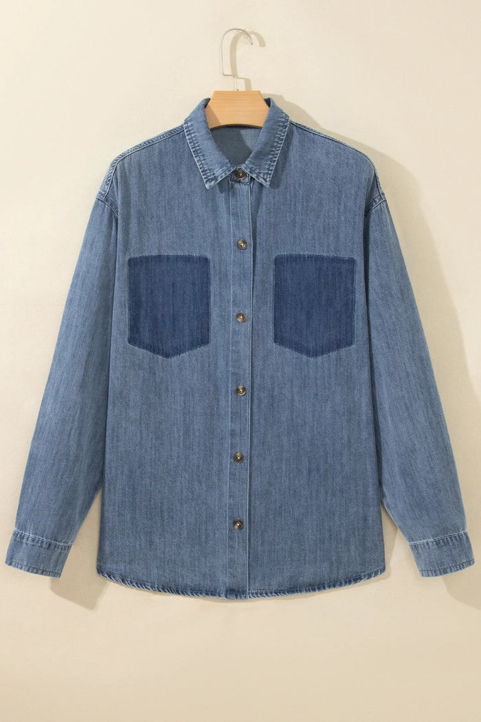 Color Block Pocket Detail Casual Button Down Denim Shirt – Sky Blue
