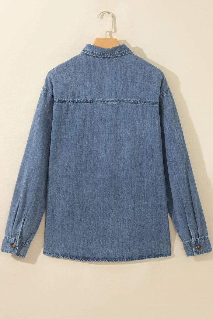 Color Block Pocket Detail Casual Button Down Denim Shirt – Sky Blue