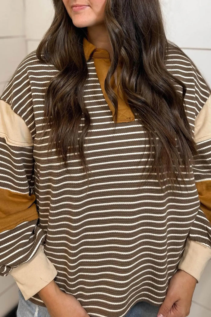 Colorblock Detail Collar V Neck Plus Size Long Sleeve Top – Brown Stripe