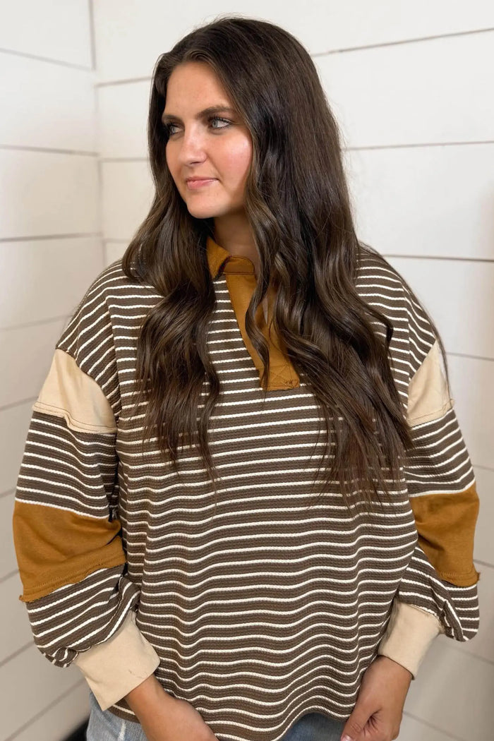 Colorblock Detail Collar V Neck Plus Size Long Sleeve Top – Brown Stripe