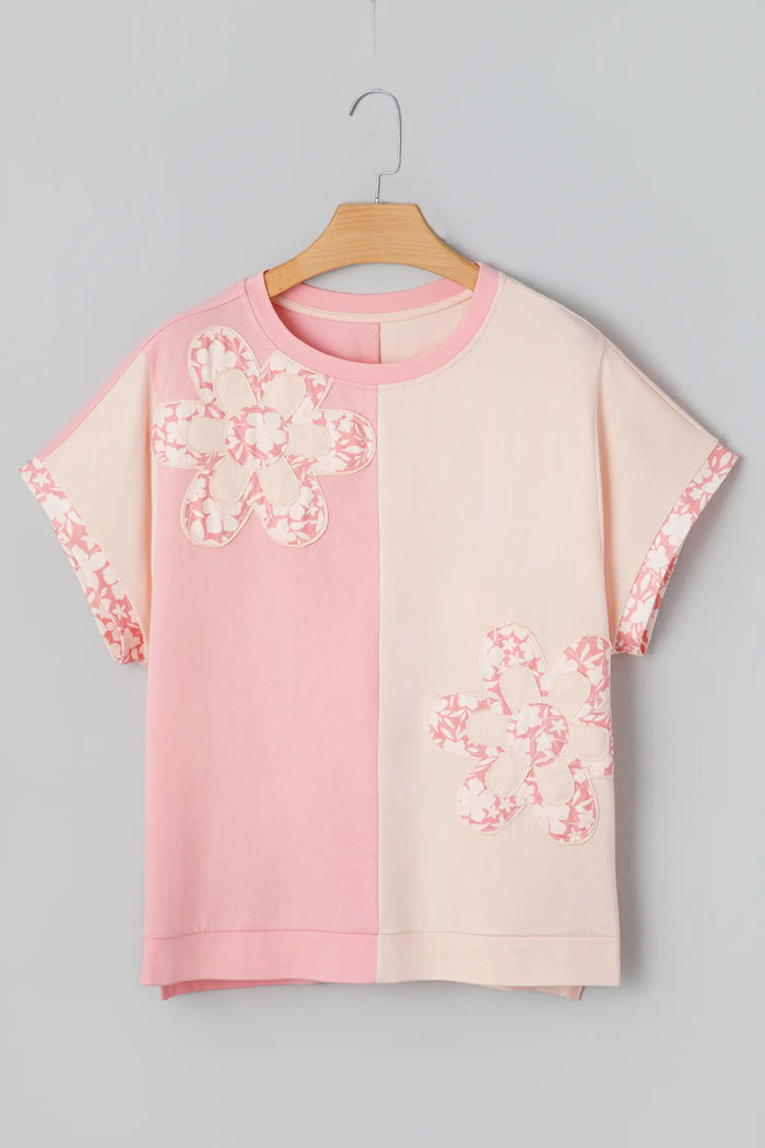 Colour Block Flower Patched Loose T-Shirt