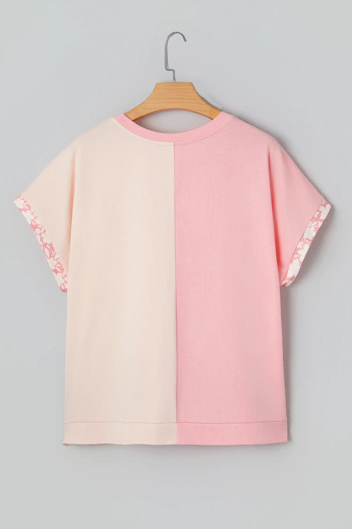 Colour Block Flower Patched Loose T-Shirt