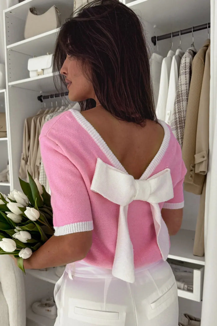 Colourblock Bow V-Shape Cut Back Short Sleeve Sweater - Sweaters & Cardigans/Short