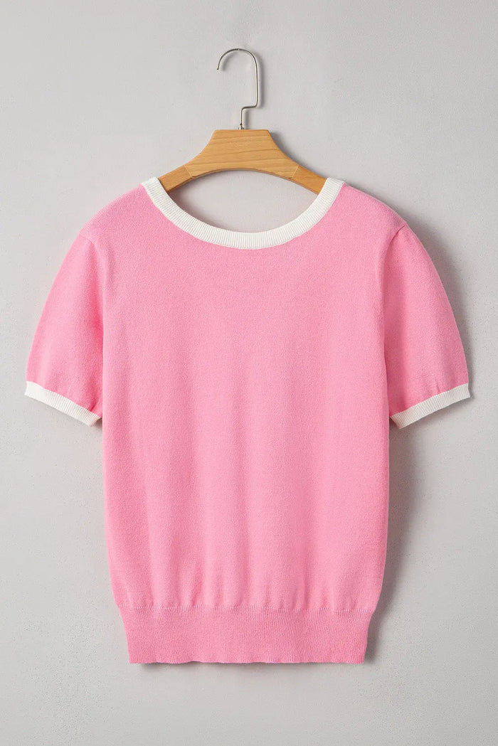 Colourblock Bow V-Shape Cut Back Short Sleeve Sweater - Sweaters & Cardigans/Short