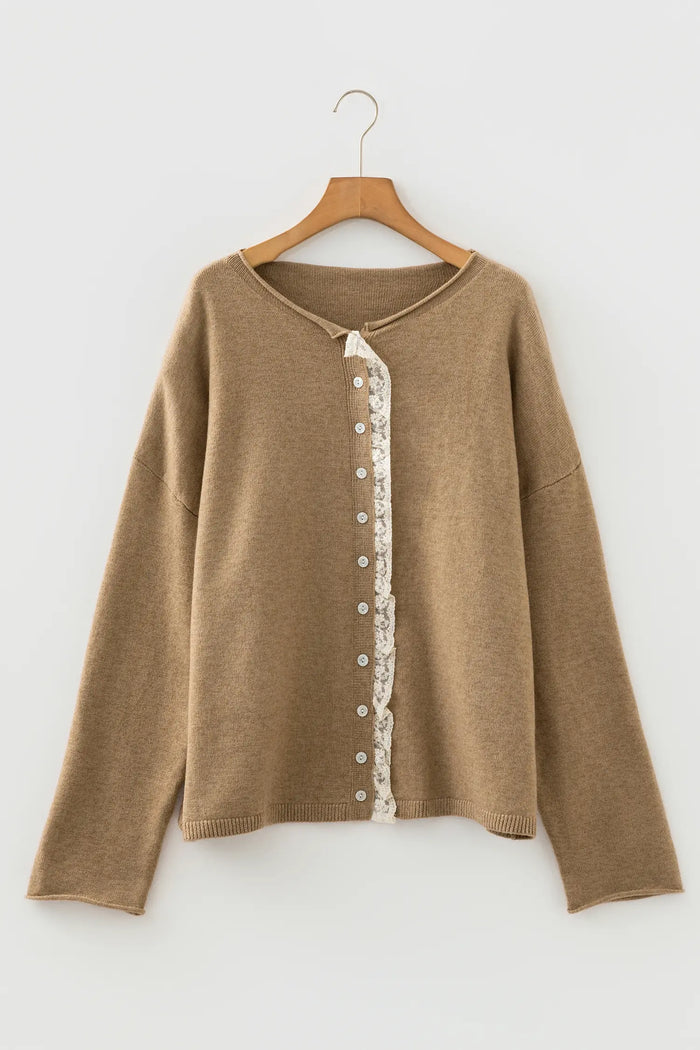 Contrast Frilled Lace Trim Loose Cardigan