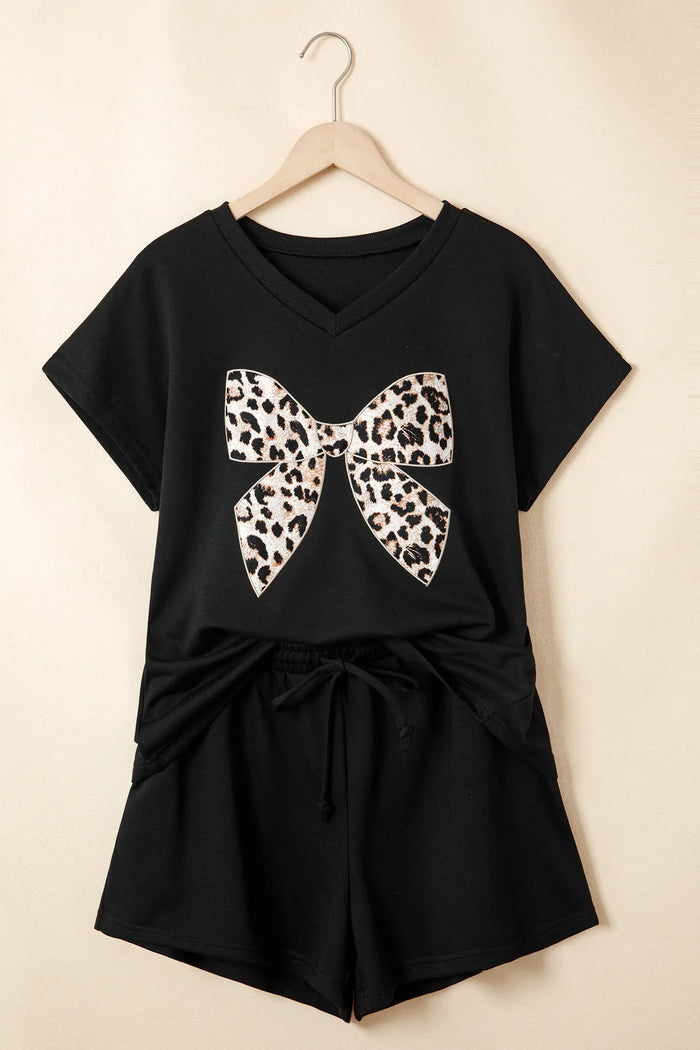 Contrast Leopard Bow Patched V-Neck Loose Tee Drawstring Shorts Co-ord Set
