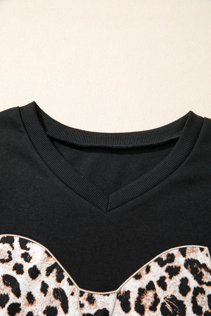Contrast Leopard Bow Patched V-Neck Loose Tee Drawstring Shorts Co-ord Set