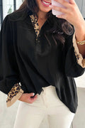 Contrast Leopard Print Polo Collar Buttons Front Ruffled Long Sleeve Blouse - Black / S - Tops/Blouses & Shirts