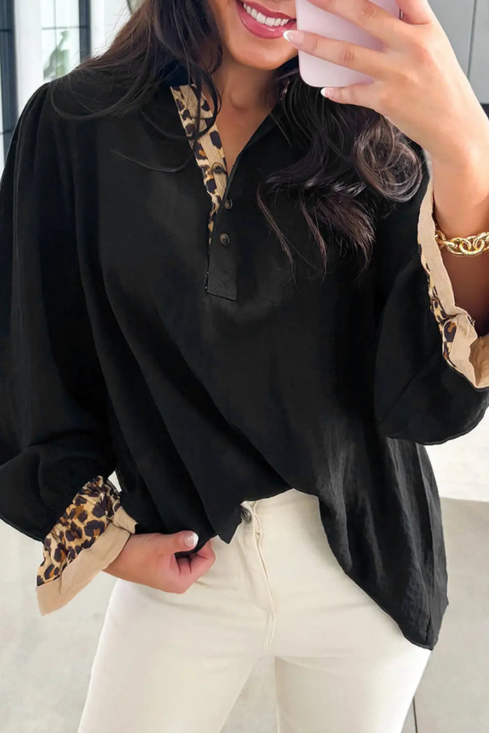 Contrast Leopard Print Polo Collar Buttons Front Ruffled Long Sleeve Blouse - Black / S - Tops/Blouses & Shirts