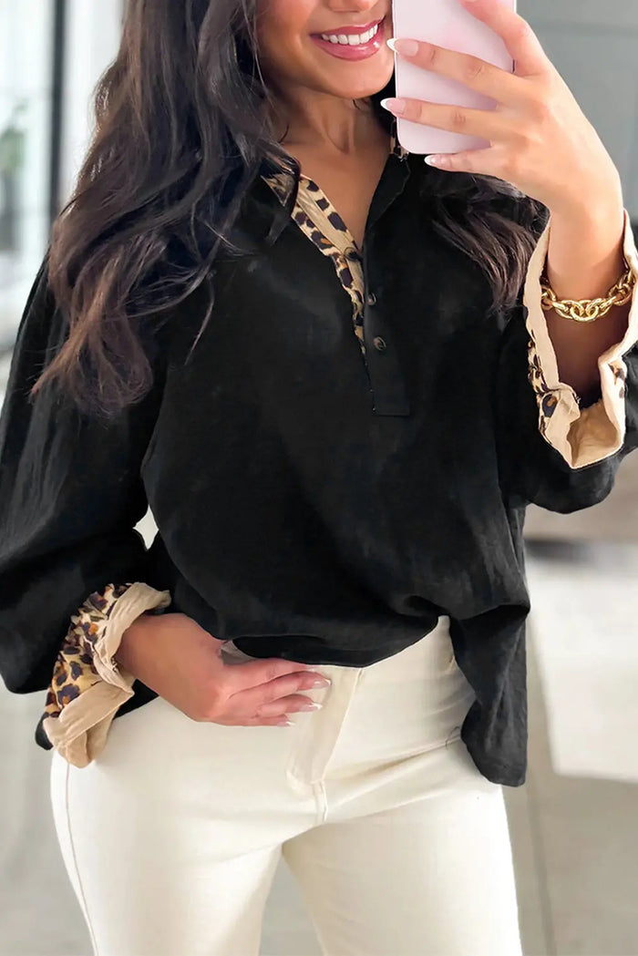 Contrast Leopard Print Polo Collar Buttons Front Ruffled Long Sleeve Blouse - Tops/Blouses & Shirts