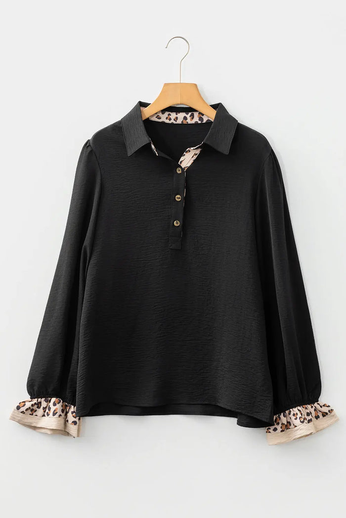 Contrast Leopard Print Polo Collar Buttons Front Ruffled Long Sleeve Blouse - Tops/Blouses & Shirts
