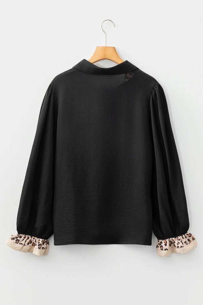 Contrast Leopard Print Polo Collar Buttons Front Ruffled Long Sleeve Blouse - Tops/Blouses & Shirts