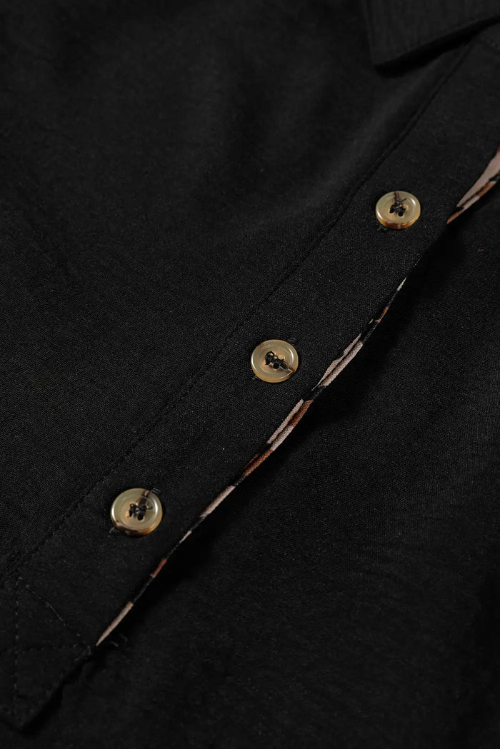 Contrast Leopard Print Polo Collar Buttons Front Ruffled Long Sleeve Blouse - Tops/Blouses & Shirts