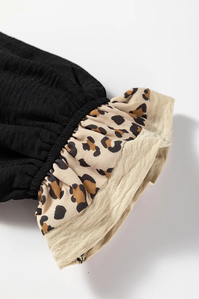 Contrast Leopard Print Polo Collar Buttons Front Ruffled Long Sleeve Blouse - Tops/Blouses & Shirts