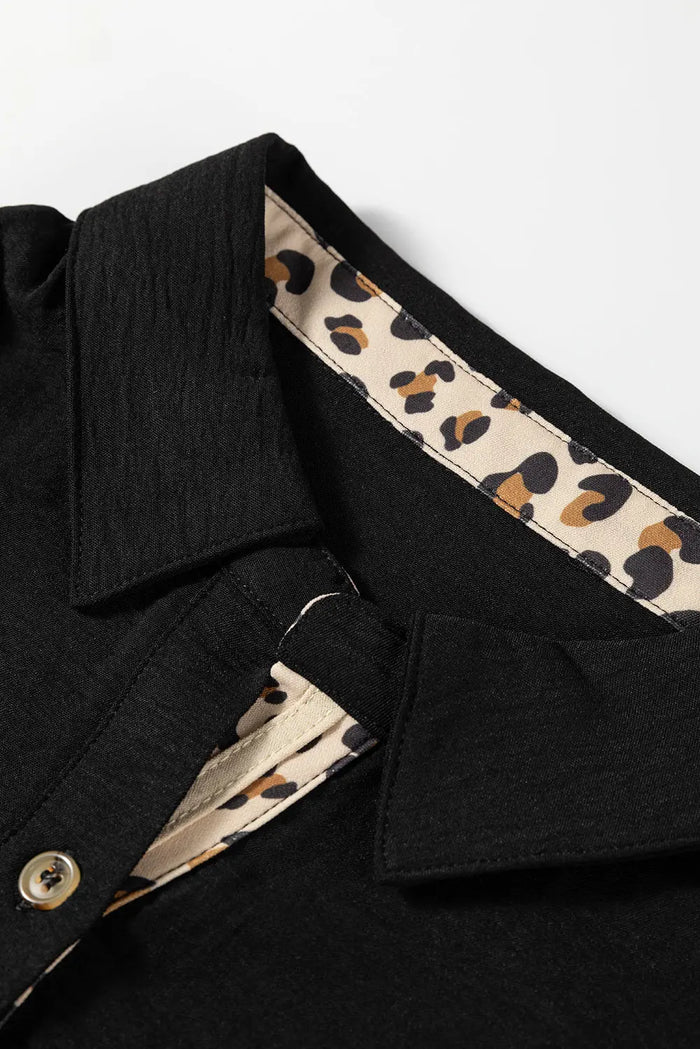 Contrast Leopard Print Polo Collar Buttons Front Ruffled Long Sleeve Blouse - Tops/Blouses & Shirts