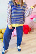 Contrast Long Sleeve Crew Neck Pullover Top – Blue Stripe
