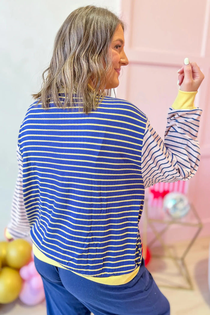 Contrast Long Sleeve Crew Neck Pullover Top – Blue Stripe