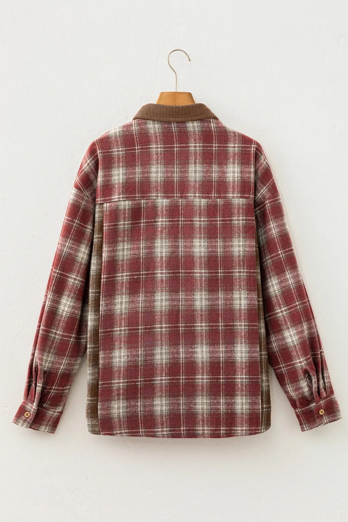 Contrast Plaid Long Sleeve Button Down Shirt – Red