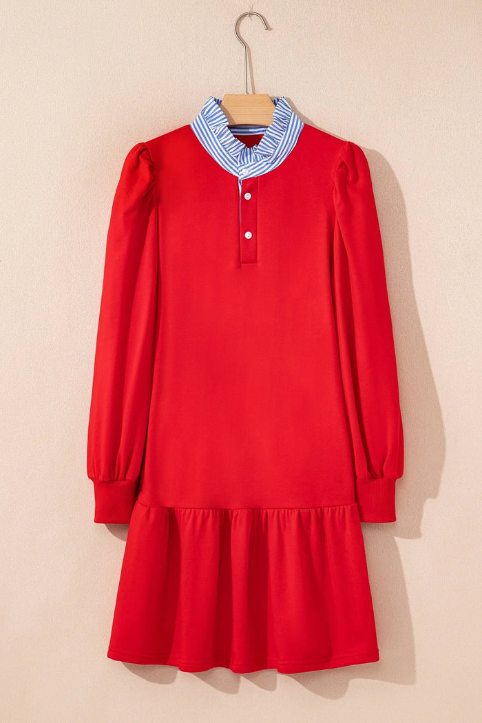 Contrast Striped Collar Patchwork Puff Sleeve Ruffle Hem Mini Dress - Dresses/Mini Dresses
