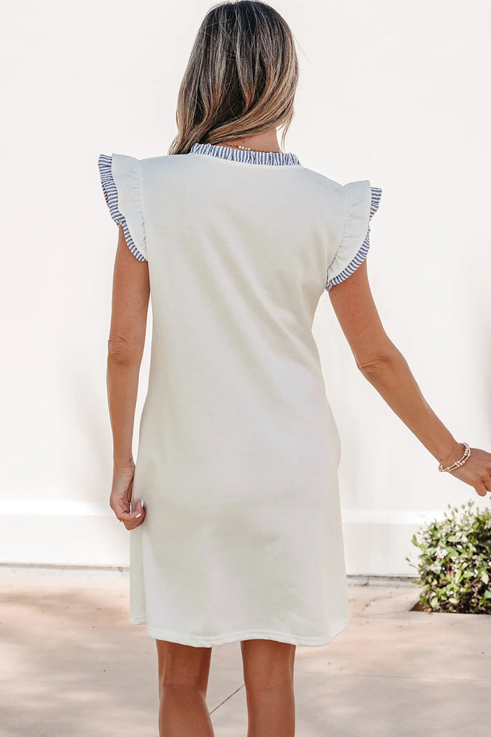 Contrasted Striped Patchwork Split Neck Ruffle Trim Sleeveless Dress – White
