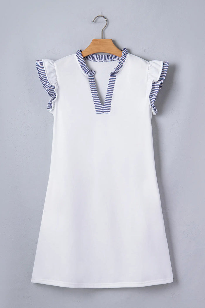 Contrasted Striped Patchwork Split Neck Ruffle Trim Sleeveless Dress – White