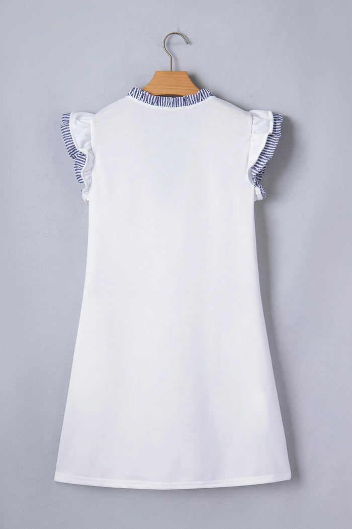 Contrasted Striped Patchwork Split Neck Ruffle Trim Sleeveless Dress – White