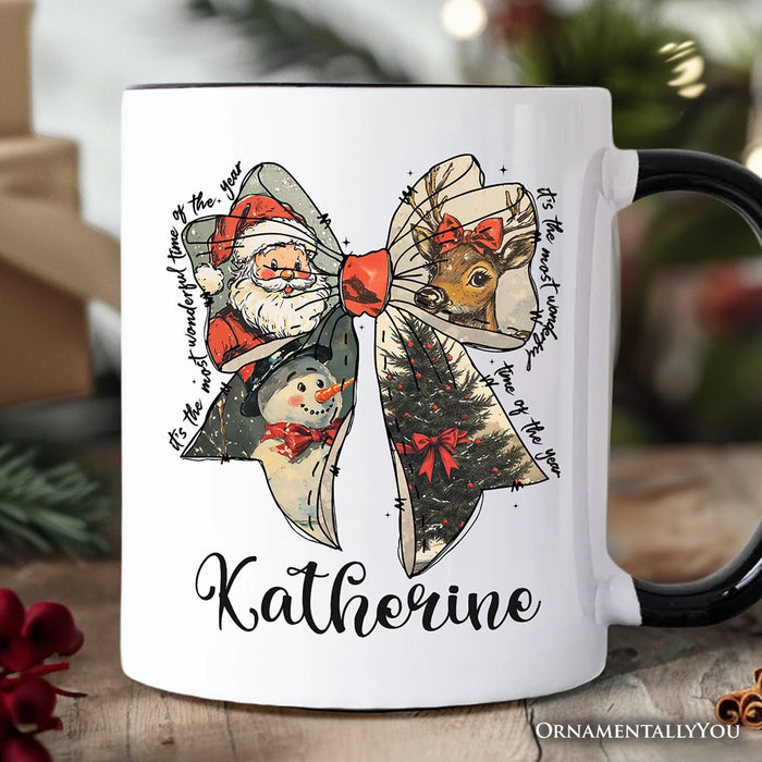 Coquette Christmas Bow Personalized Mug, It's Most Wonderful Time Of The Year Vintage Gift with Custom Name Personalized Ceramic Mug OrnamentallyYou White - Black Customized