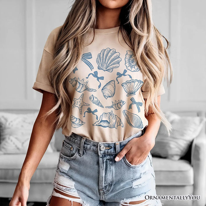 Coquette Seashell Summer Vibe T-Shirt, Natural and White Retro Beach Tee Gift for Ocean Lover T-Shirts OrnamentallyYou