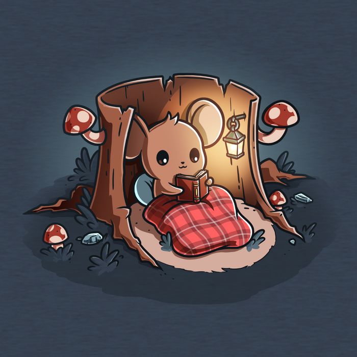 Premium Cotton T-shirt_TeeTurtle heathered blue Cozy Reading Nook Premium Cotton T-shirt featuring a cozy little mouse reading a book under a red plaid blanket inside a hollow tree stump illuminated by a hanging lantern and surrounded by mushrooms.