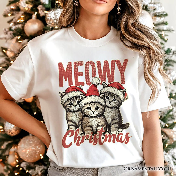 Cute Meowy Christmas T-Shirt, Baby Cat In Santa Hat Holiday Tee T-Shirts OrnamentallyYou